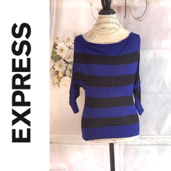 EXPRESS EUC Ladies Black and Blue Striped Thin Knit Sweater XSMALL - Picture 1 of 6